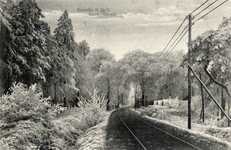 7526 Gezicht op de spoorlijn Den Dolder-Baarn van de N.C.S. in een besneeuwd boslandschap.N.B. Mogelijk betreft dit de ...